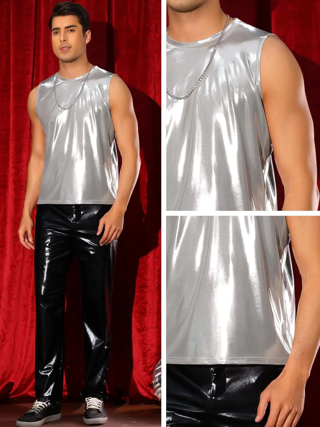 Lars Amadeus Metallic Tank Tops for Men's Holographic Sleeveless T-Shirt Disco Party Shiny Vest