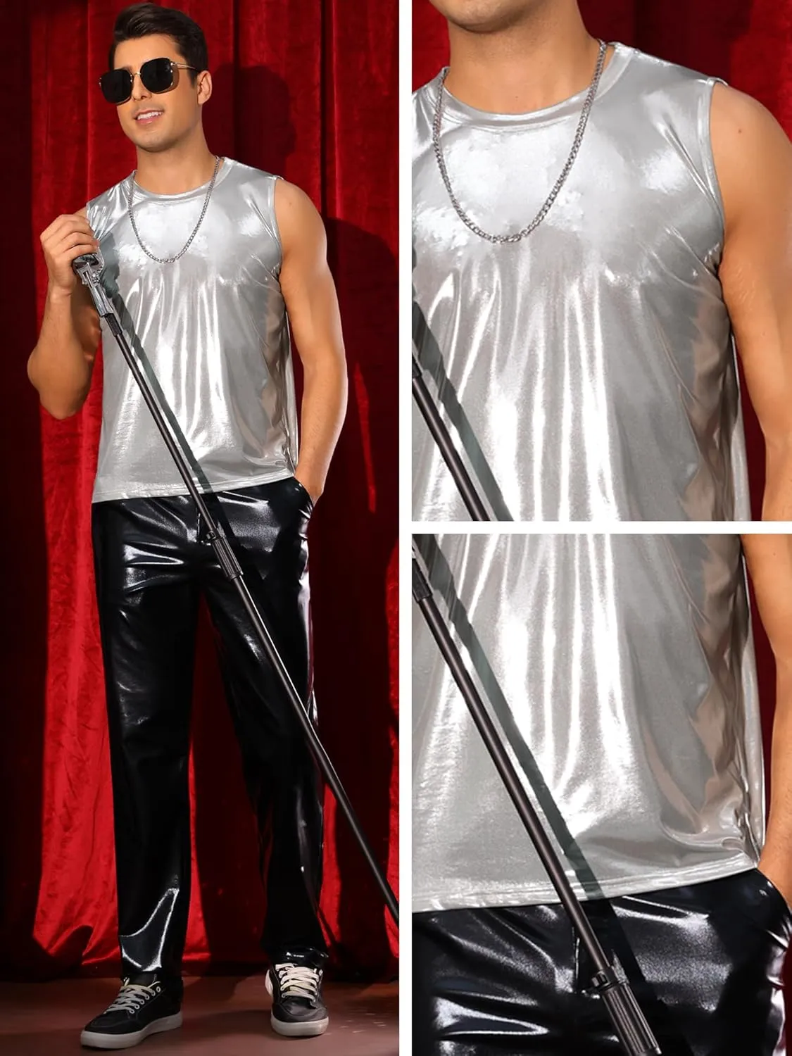 Lars Amadeus Metallic Tank Tops for Men's Holographic Sleeveless T-Shirt Disco Party Shiny Vest