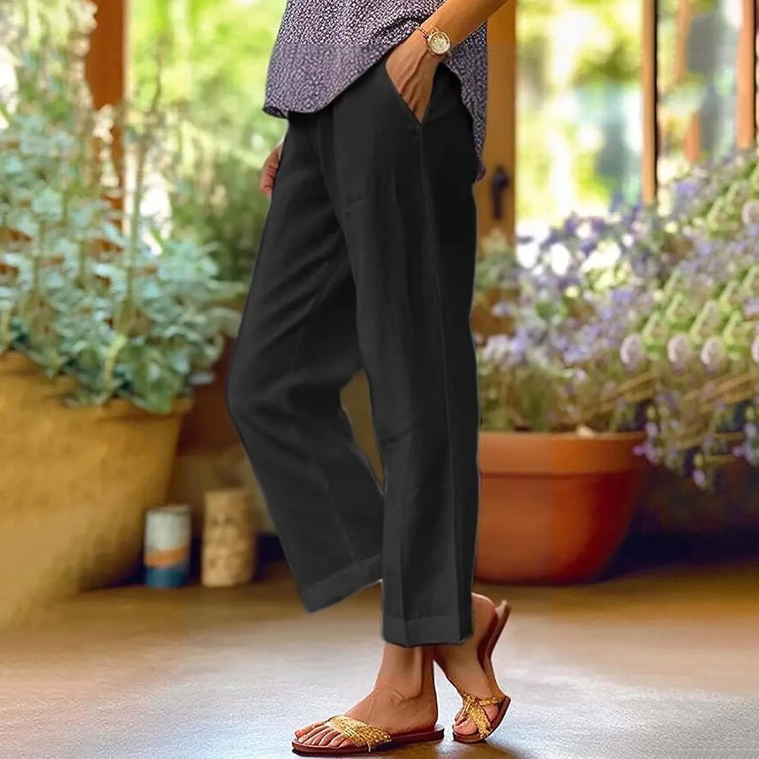 LCMTWX Beach Pants for Women Solid Elastic Pants Long Drawstring Linen Women Waist Cotton Casual Pants with Pockets Womens