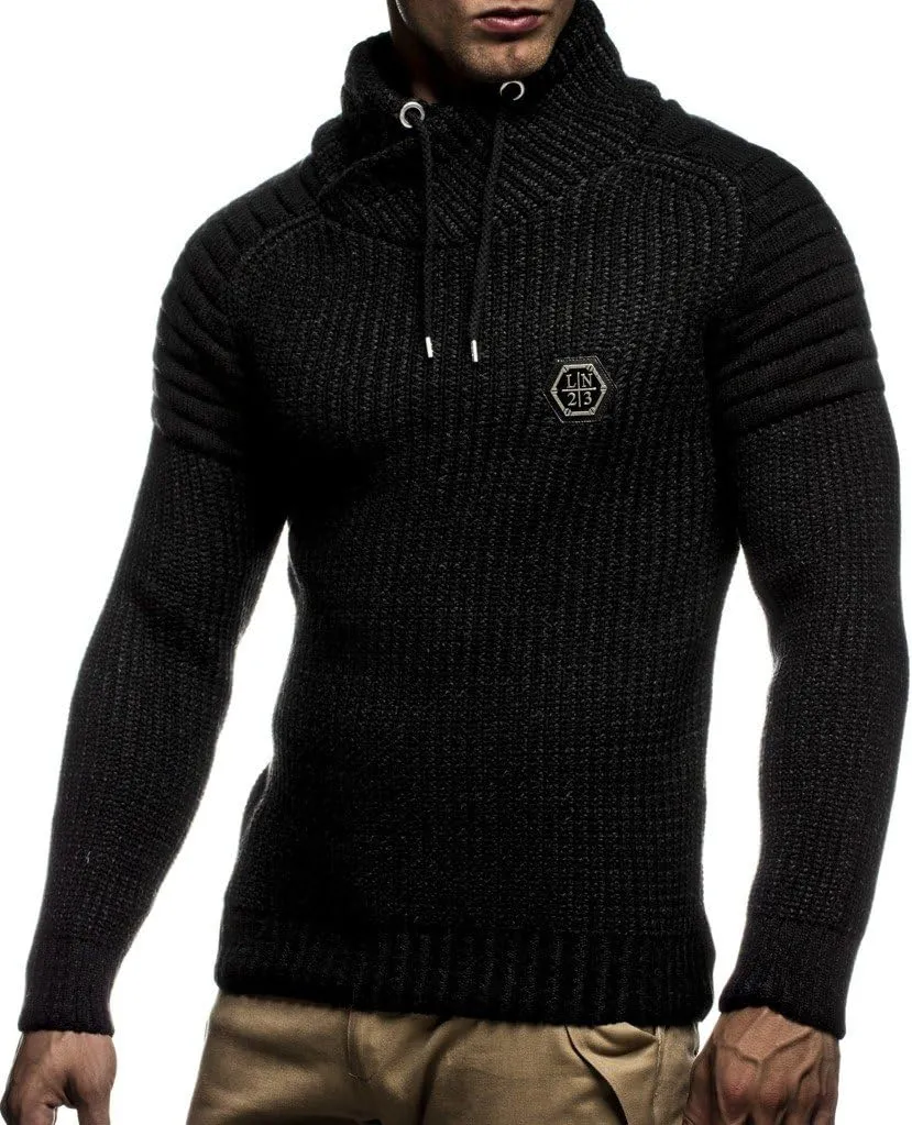 Leif Nelson Mens Knitted Pullover | Long-sleeved slim fit Knitwear | Biker-Style sweatshirt with shawl collar for Men