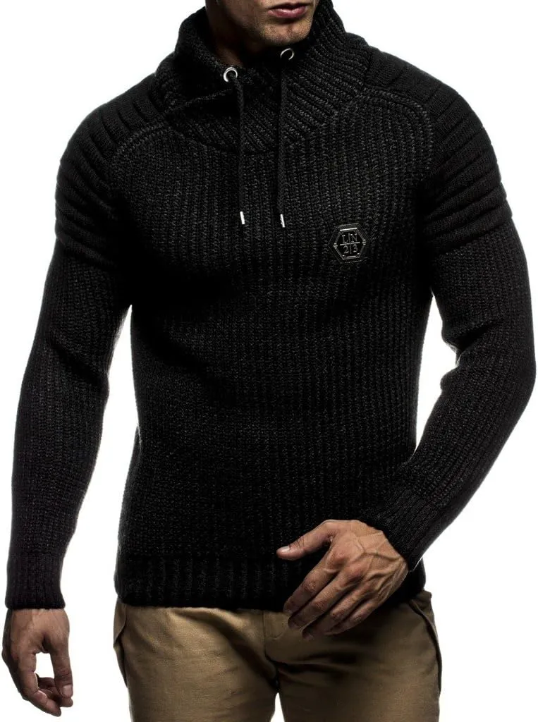 Leif Nelson Mens Knitted Pullover | Long-sleeved slim fit Knitwear | Biker-Style sweatshirt with shawl collar for Men