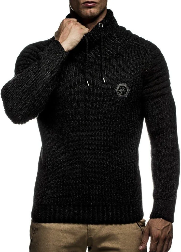 Leif Nelson Mens Knitted Pullover | Long-sleeved slim fit Knitwear | Biker-Style sweatshirt with shawl collar for Men