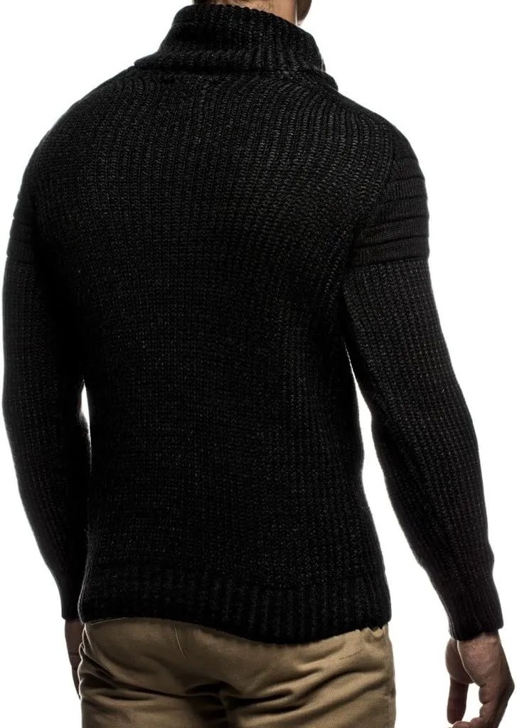 Leif Nelson Mens Knitted Pullover | Long-sleeved slim fit Knitwear | Biker-Style sweatshirt with shawl collar for Men