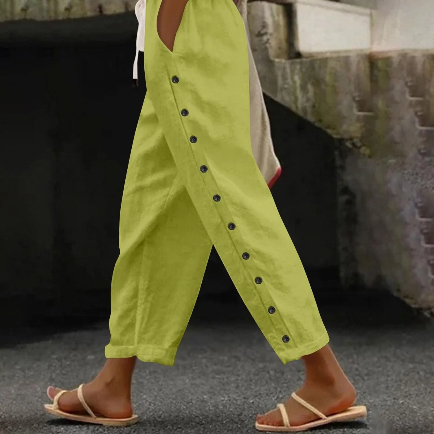 Linen Crop Pants for Women Summer Casual Drawstring Waist Baggy Pants Side Button Down Straight Trousers with Pockets