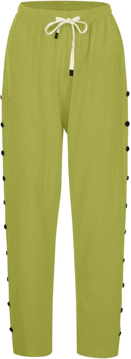 Linen Crop Pants for Women Summer Casual Drawstring Waist Baggy Pants Side Button Down Straight Trousers with Pockets