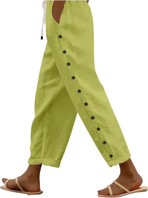 Linen Crop Pants for Women Summer Casual Drawstring Waist Baggy Pants Side Button Down Straight Trousers with Pockets