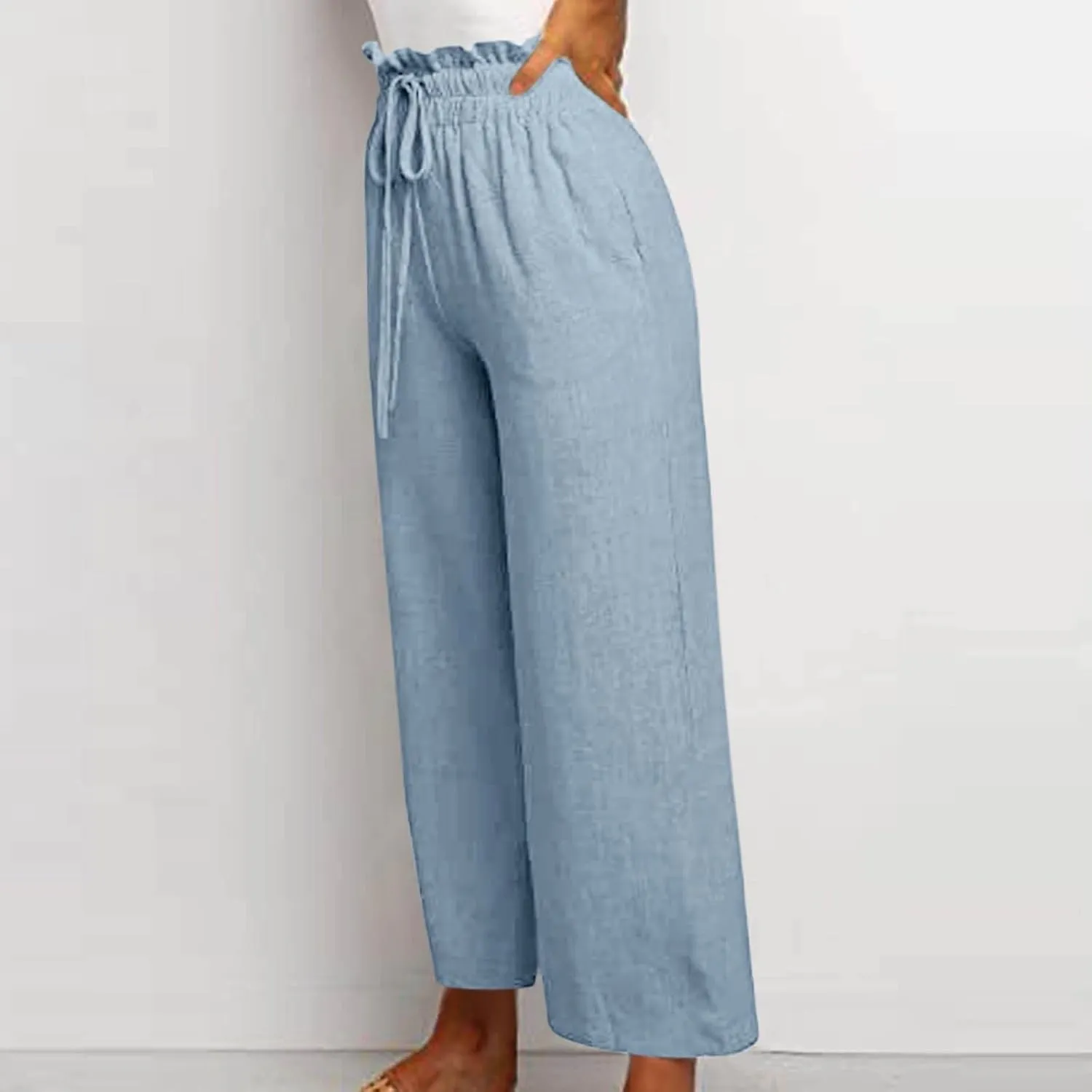 Linen Palazzo Pants for Women Drawstring Paperbag Waist Boho Wide Leg Cropped Pants Summer Beach Pants with Pockets