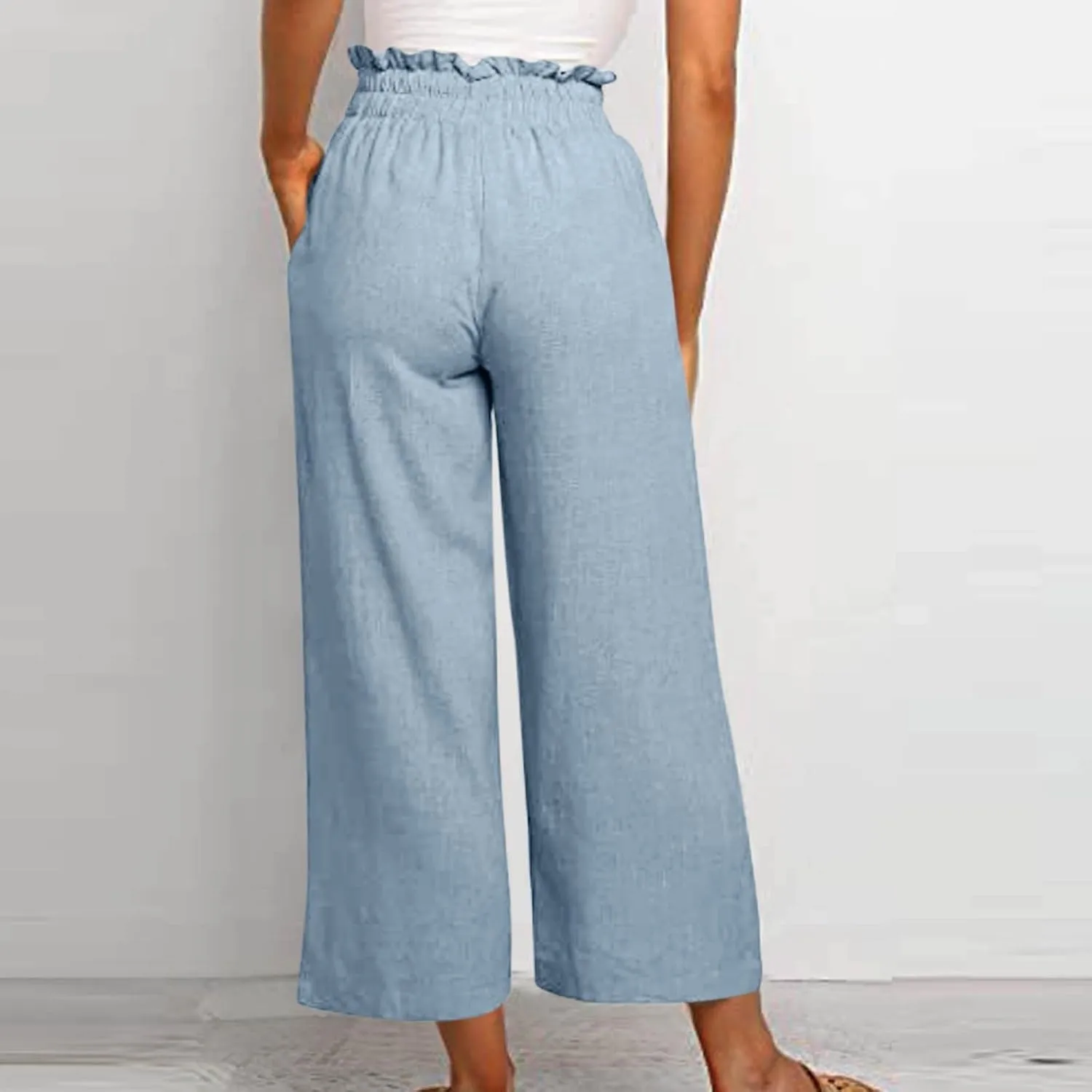 Linen Palazzo Pants for Women Drawstring Paperbag Waist Boho Wide Leg Cropped Pants Summer Beach Pants with Pockets