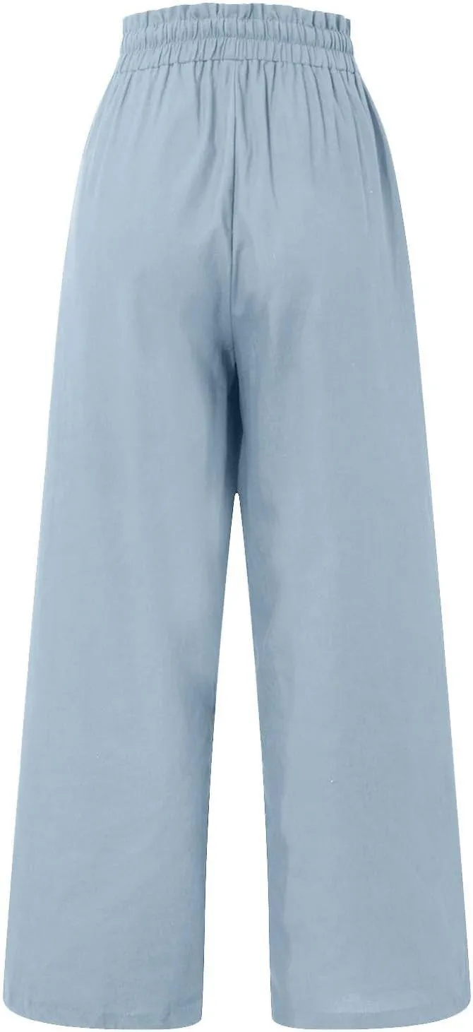 Linen Palazzo Pants for Women Drawstring Paperbag Waist Boho Wide Leg Cropped Pants Summer Beach Pants with Pockets