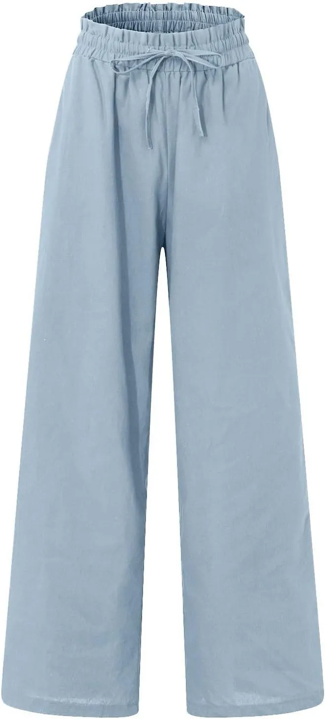 Linen Palazzo Pants for Women Drawstring Paperbag Waist Boho Wide Leg Cropped Pants Summer Beach Pants with Pockets