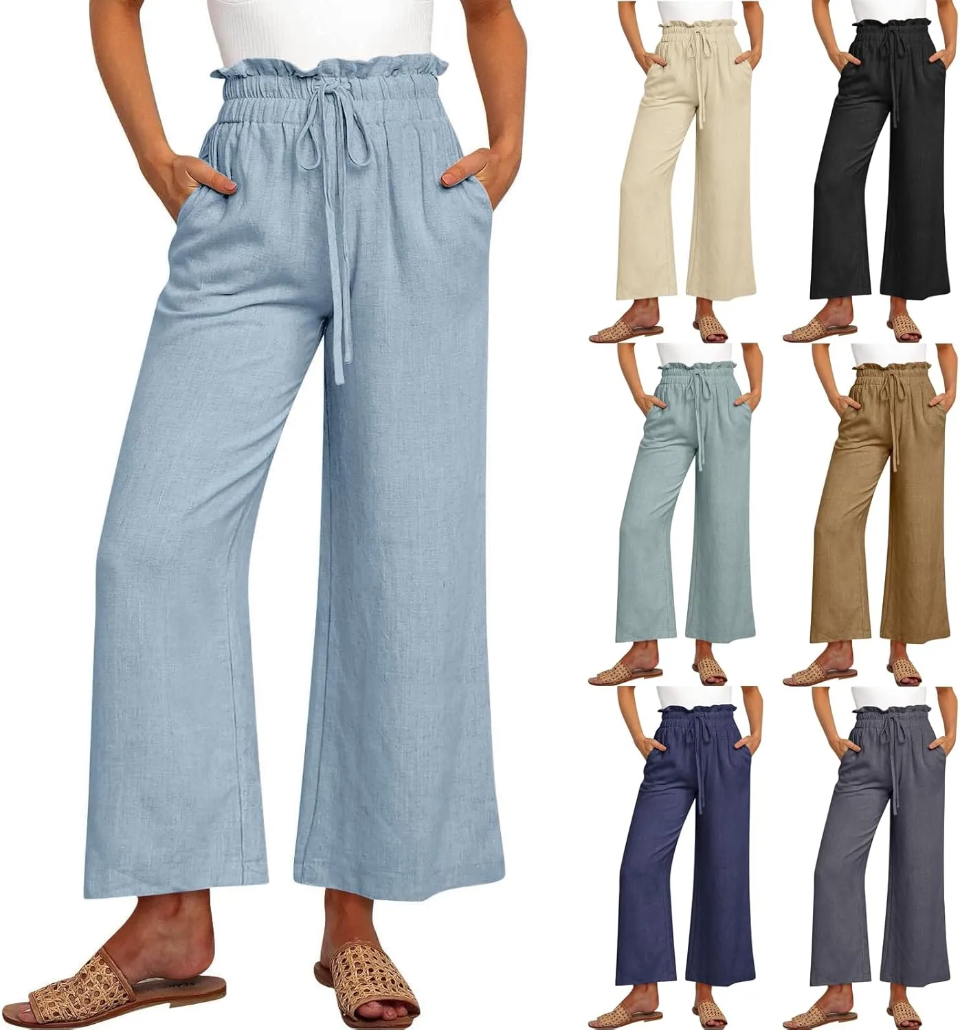 Linen Palazzo Pants for Women Drawstring Paperbag Waist Boho Wide Leg Cropped Pants Summer Beach Pants with Pockets