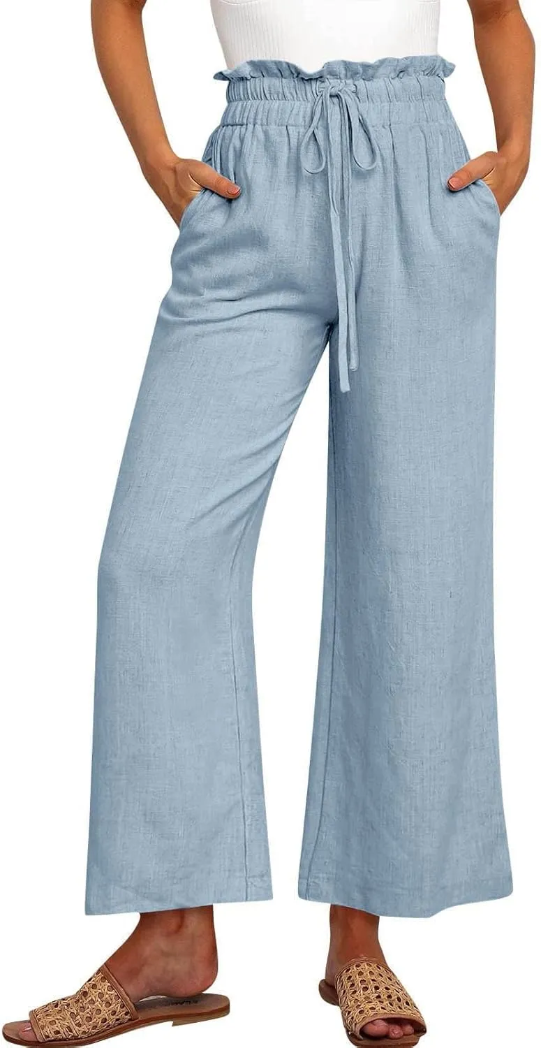 Linen Palazzo Pants for Women Drawstring Paperbag Waist Boho Wide Leg Cropped Pants Summer Beach Pants with Pockets