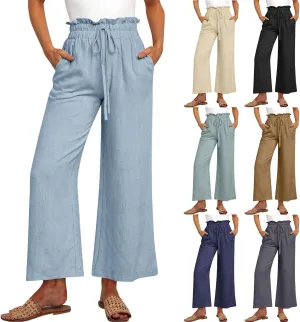 Linen Palazzo Pants for Women Drawstring Paperbag Waist Boho Wide Leg Cropped Pants Summer Beach Pants with Pockets