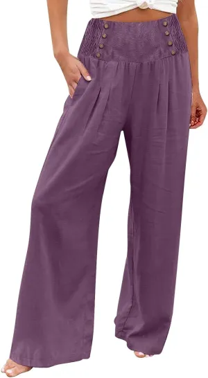 Linen Palazzo Pants for Women Dressy High Waisted Wide Leg Trousers Pants Flowy Summer Business Casual Slacks Outfits