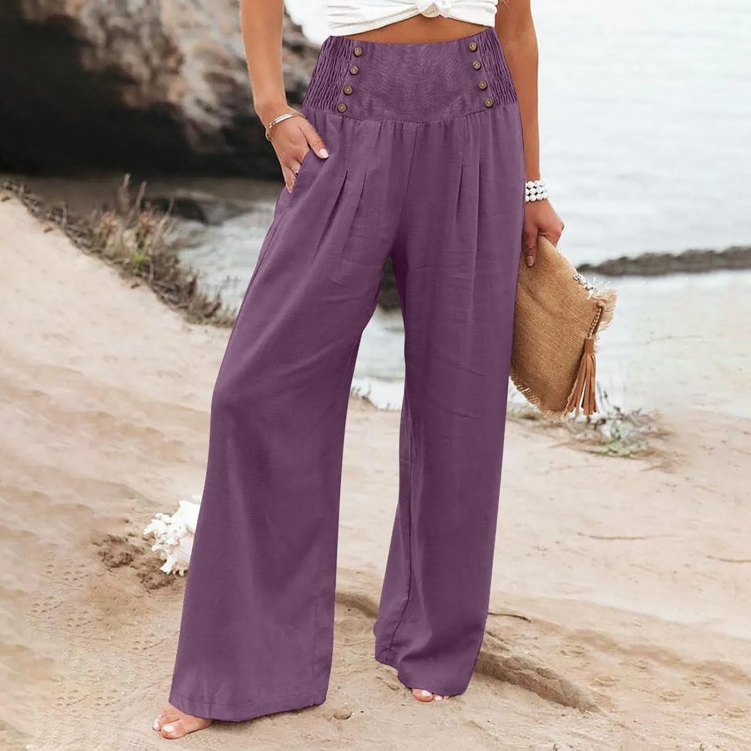 Linen Palazzo Pants for Women Dressy High Waisted Wide Leg Trousers Pants Flowy Summer Business Casual Slacks Outfits