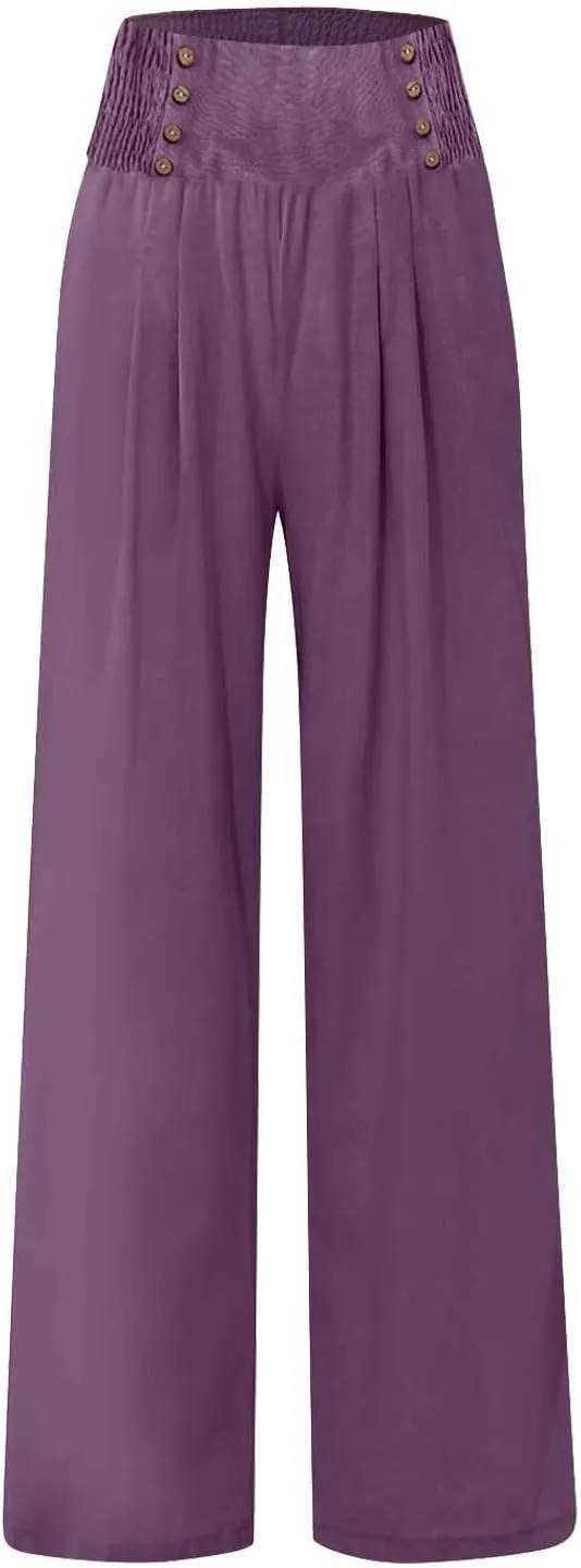 Linen Palazzo Pants for Women Dressy High Waisted Wide Leg Trousers Pants Flowy Summer Business Casual Slacks Outfits