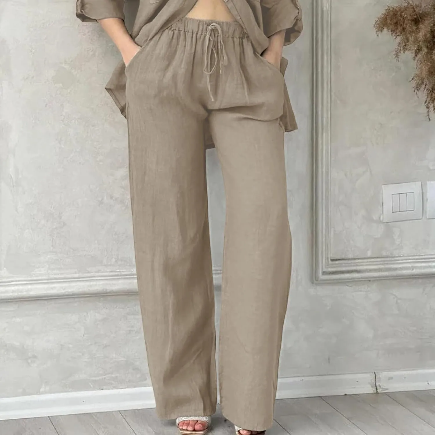 Linen Pants for Women 2025 Summmer Straight Leg Lounge Beach Pant High Waisted Elastic Drawstring with Pockets
