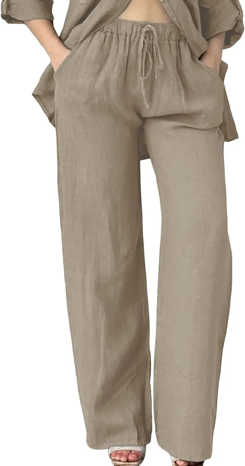 Linen Pants for Women 2025 Summmer Straight Leg Lounge Beach Pant High Waisted Elastic Drawstring with Pockets