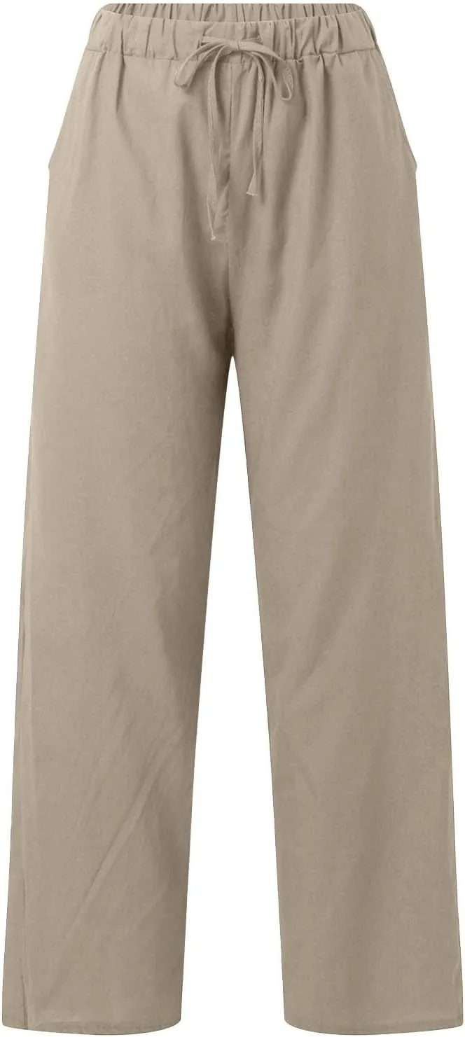 Linen Pants for Women 2025 Summmer Straight Leg Lounge Beach Pant High Waisted Elastic Drawstring with Pockets
