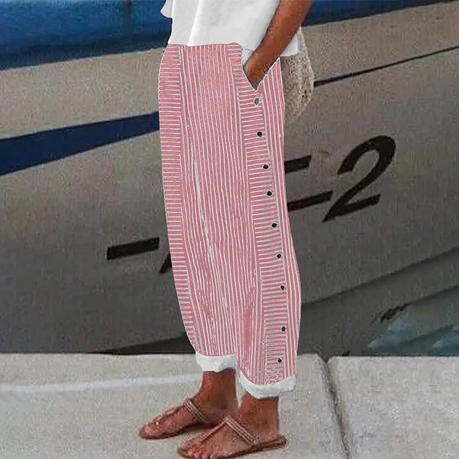 Linen Pants for Women Plus Size Trendy Striped Spring Summer Gauze Pants 2025 Casual Elastic Waist Comfy Trousers