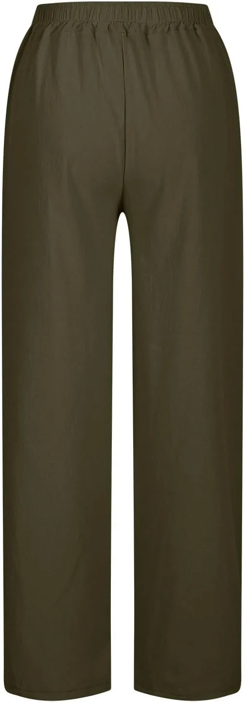 Linen Pants Women High Waisted Elastic Drawstring Beach Pants Casual Loose Lightweight Wide Leg Trousers with Pockets