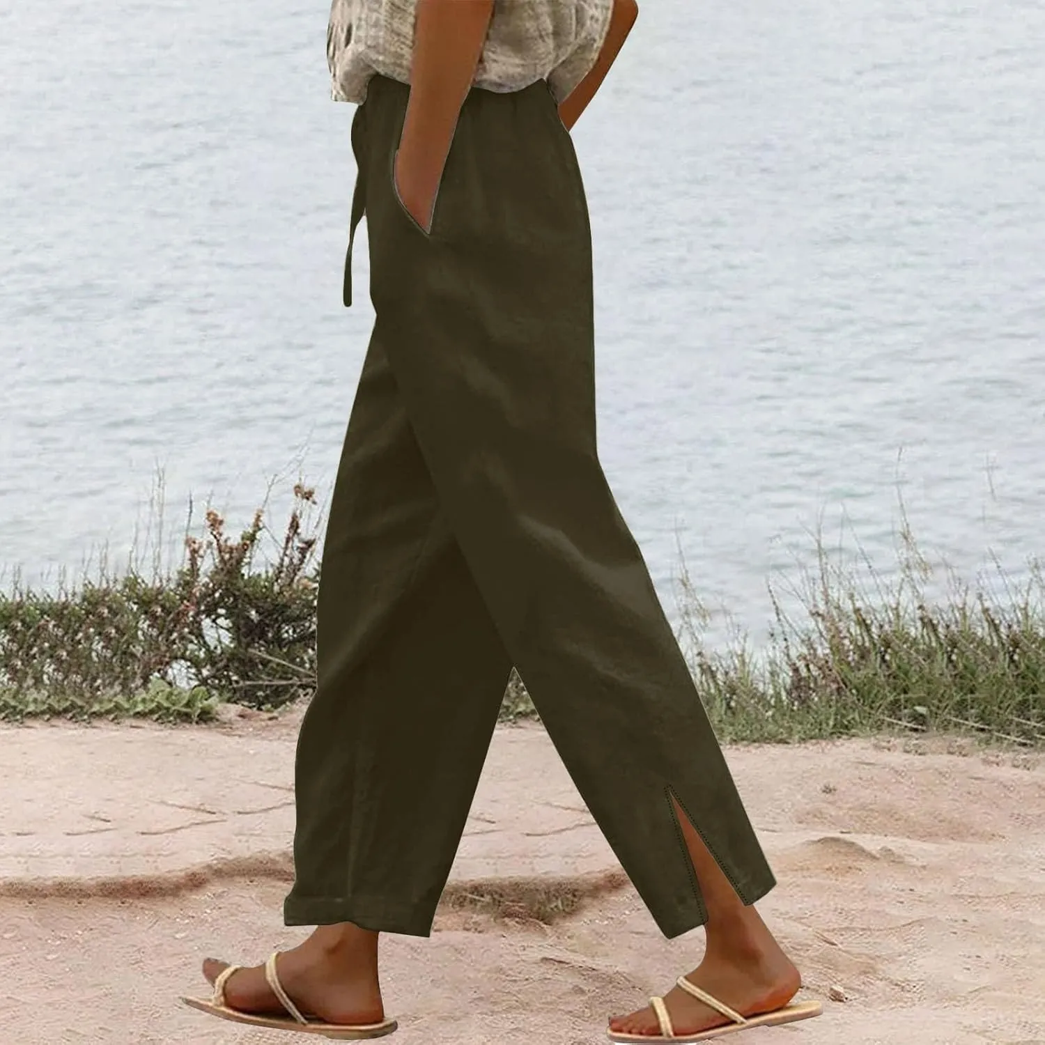 Linen Pants Women High Waisted Elastic Drawstring Beach Pants Casual Loose Lightweight Wide Leg Trousers with Pockets