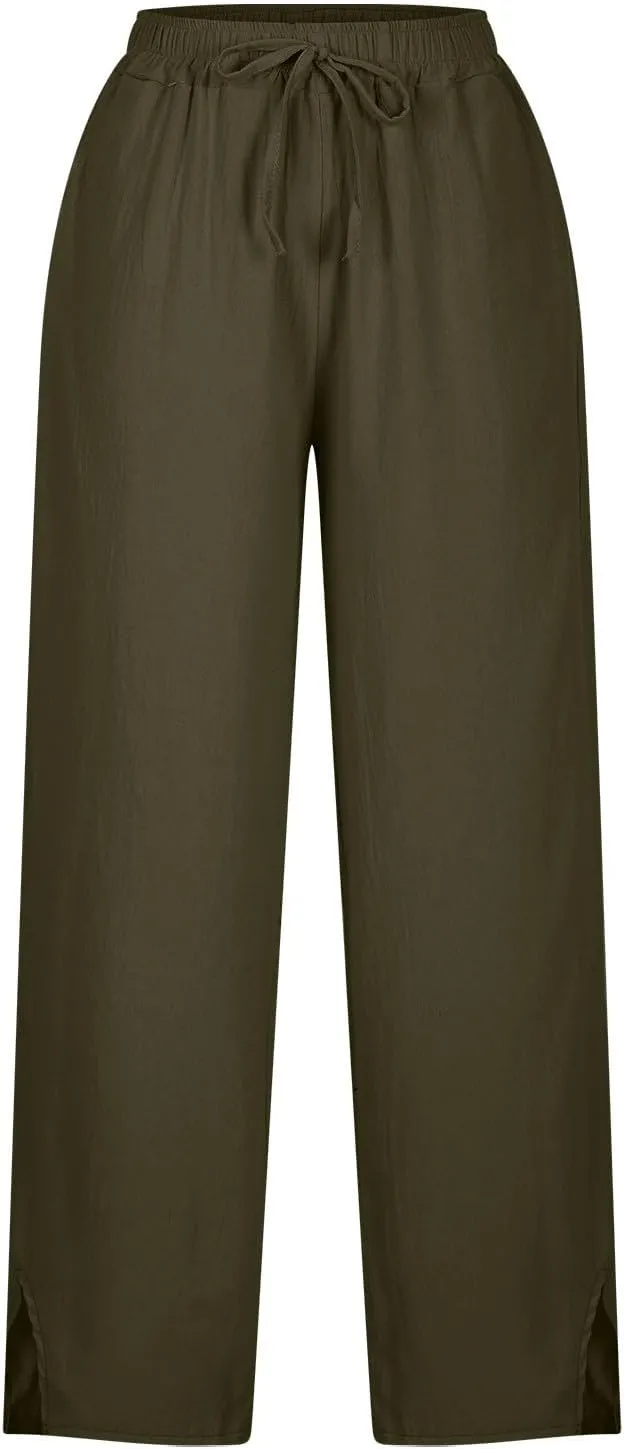 Linen Pants Women High Waisted Elastic Drawstring Beach Pants Casual Loose Lightweight Wide Leg Trousers with Pockets