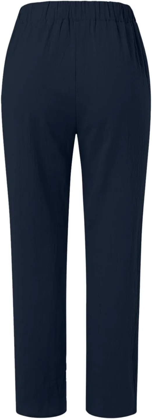 Linen Pants Women Lightweight High Waist Palazzo Trousers with Pockets Casual Solid Going Out Travel Beach Clothes