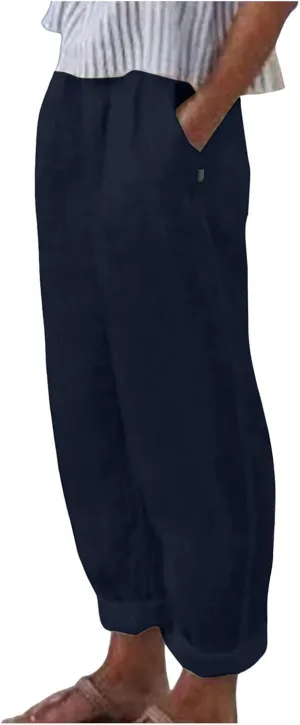 Linen Pants Women Lightweight High Waist Palazzo Trousers with Pockets Casual Solid Going Out Travel Beach Clothes