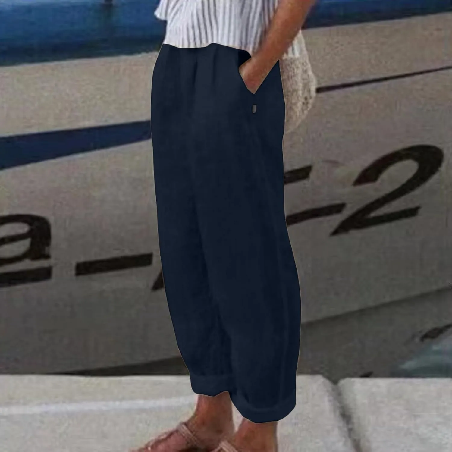 Linen Pants Women Lightweight High Waist Palazzo Trousers with Pockets Casual Solid Going Out Travel Beach Clothes