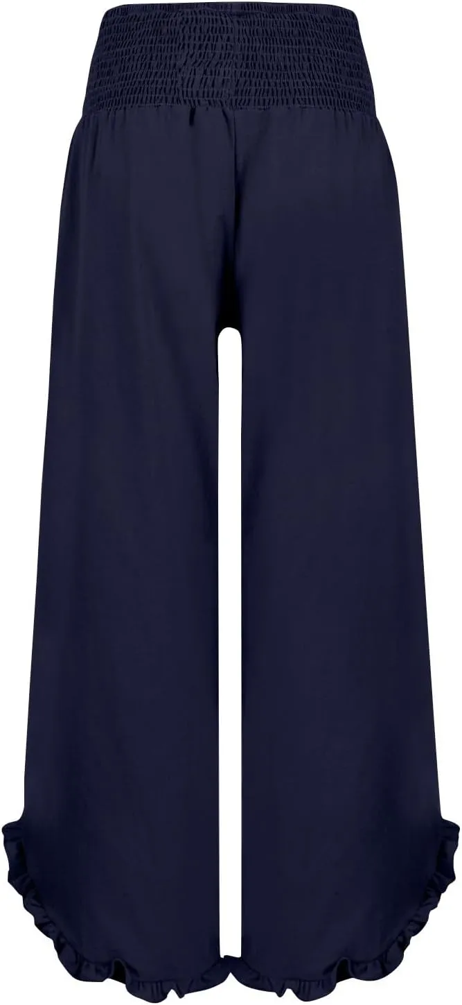 Linen Pants Women Summer Baggy Wide Leg Flowy Beach Pants Elastic High Waisted Tummy Control Vacation Pants with Pockets