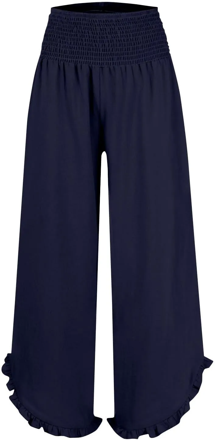 Linen Pants Women Summer Baggy Wide Leg Flowy Beach Pants Elastic High Waisted Tummy Control Vacation Pants with Pockets