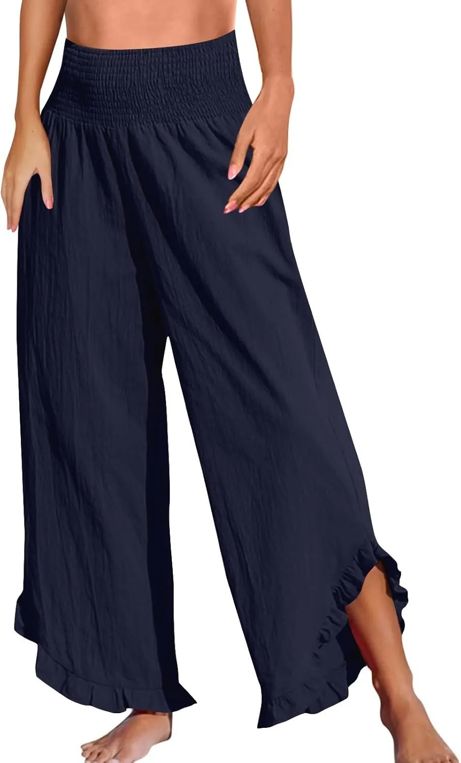Linen Pants Women Summer Baggy Wide Leg Flowy Beach Pants Elastic High Waisted Tummy Control Vacation Pants with Pockets