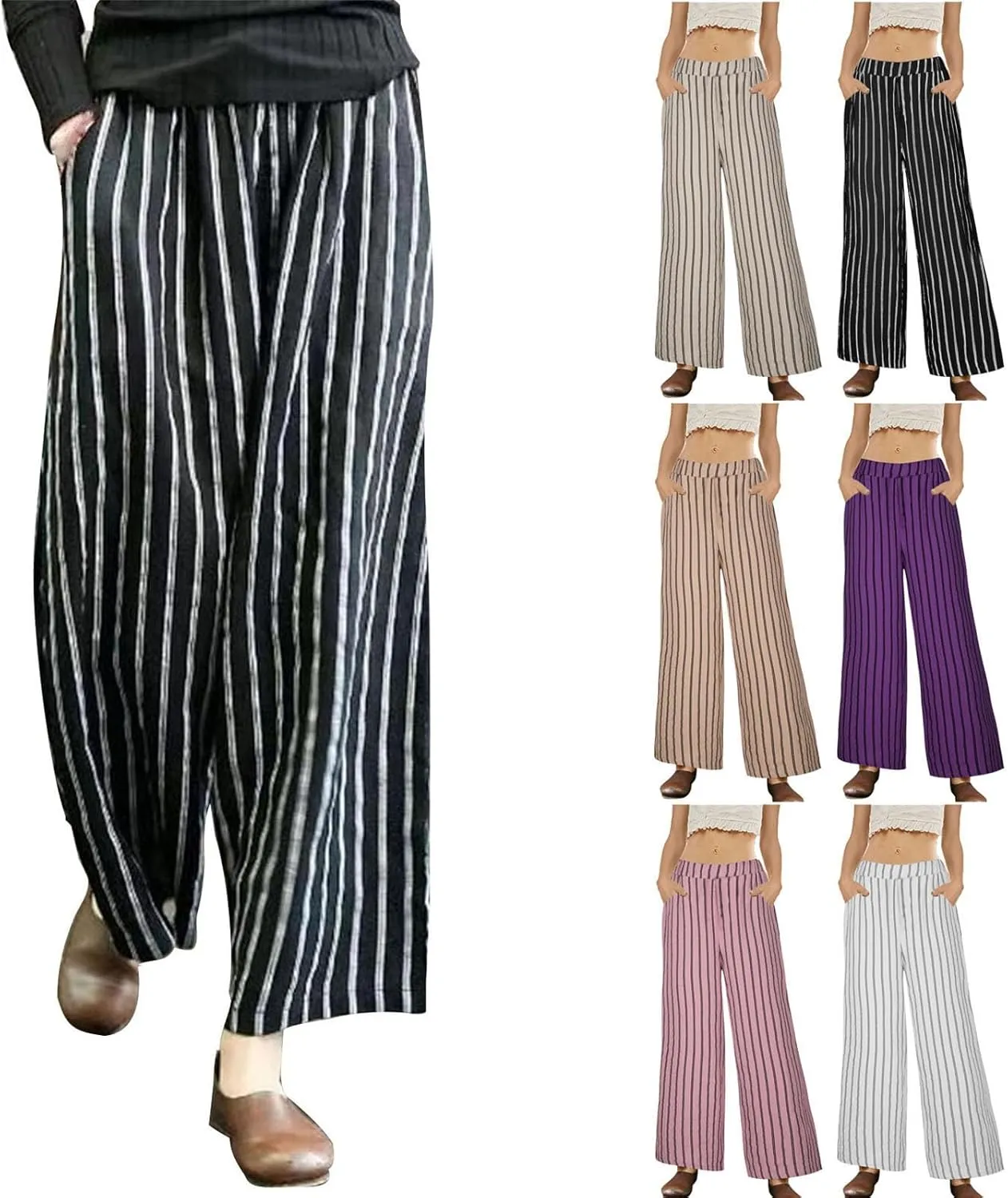 Linen Pants Women Summer Casual Loose Travel Wide Leg Flowy Pants Boho Elastic Waist Linen Beach Pants Trousers