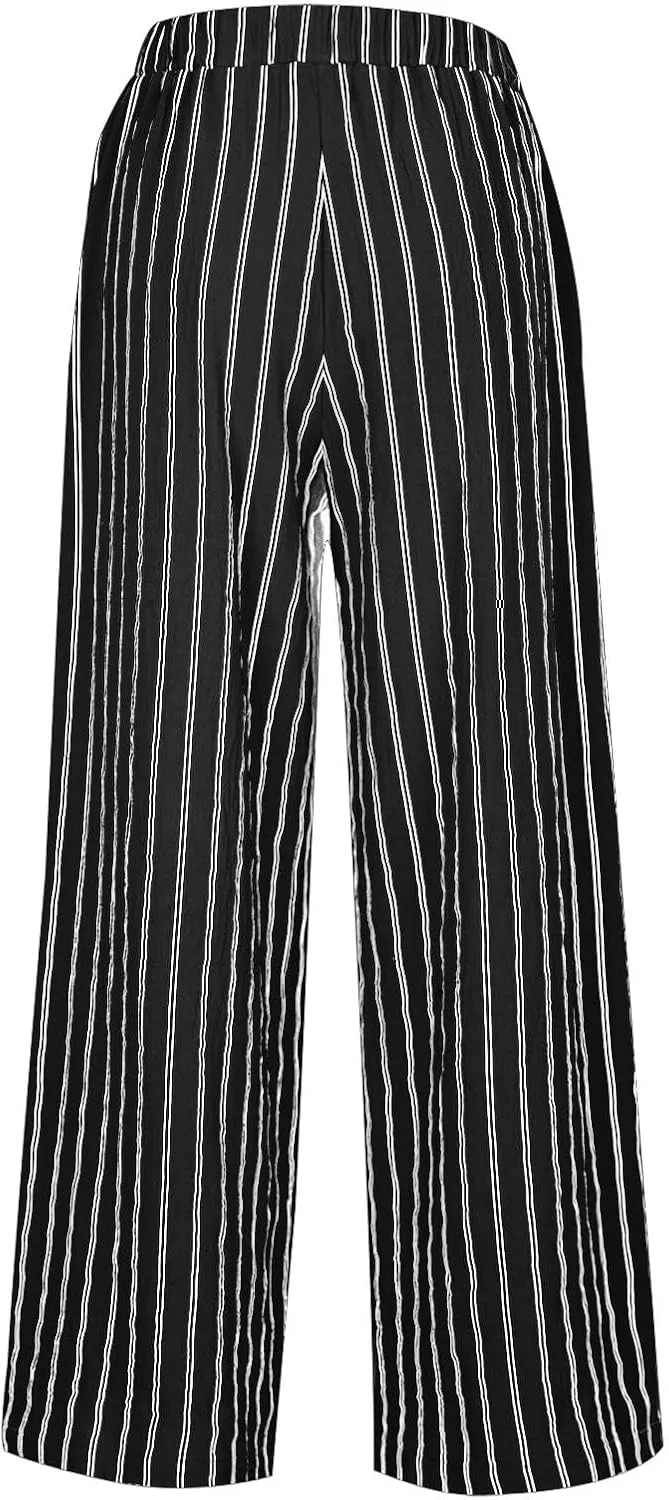 Linen Pants Women Summer Casual Loose Travel Wide Leg Flowy Pants Boho Elastic Waist Linen Beach Pants Trousers