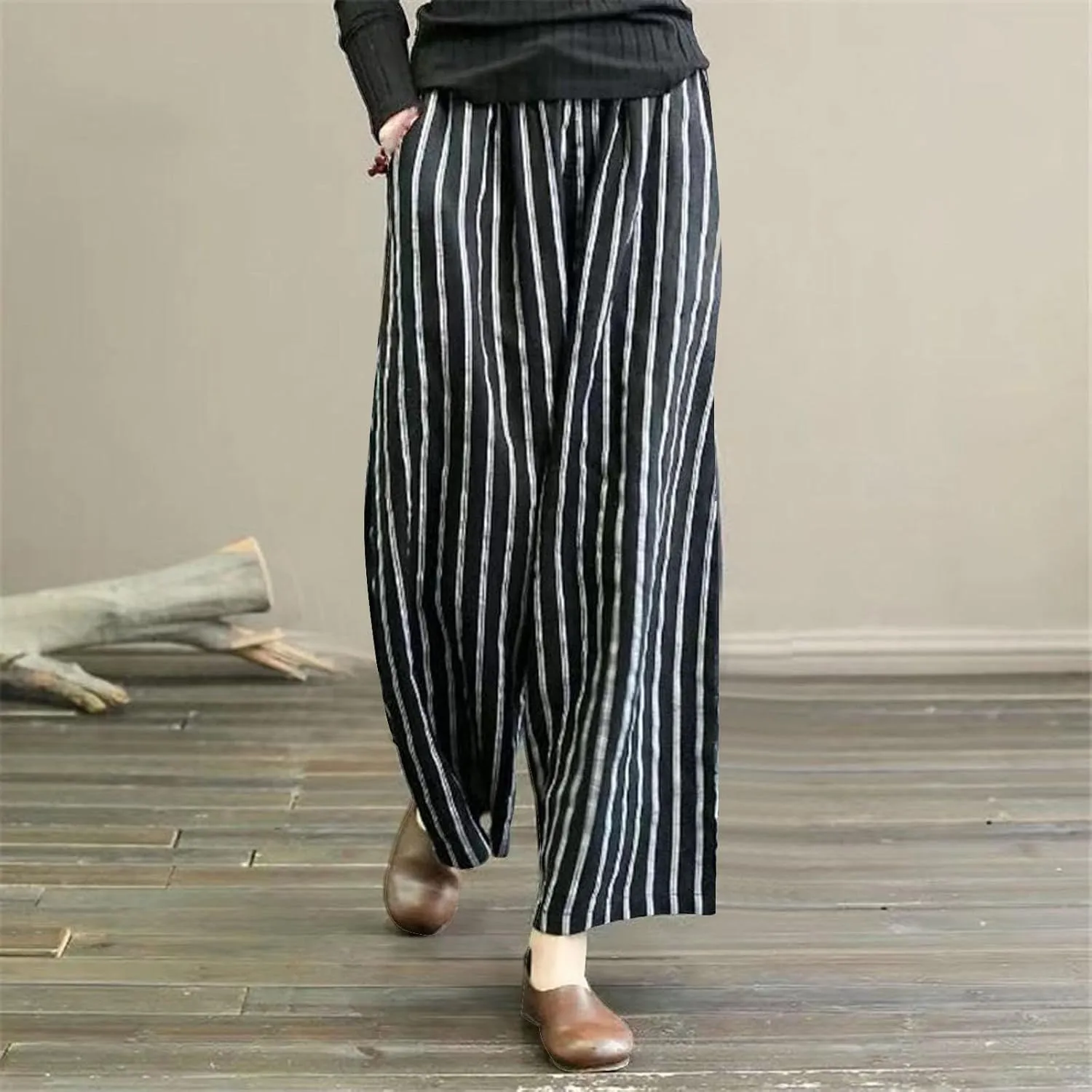 Linen Pants Women Summer Casual Loose Travel Wide Leg Flowy Pants Boho Elastic Waist Linen Beach Pants Trousers
