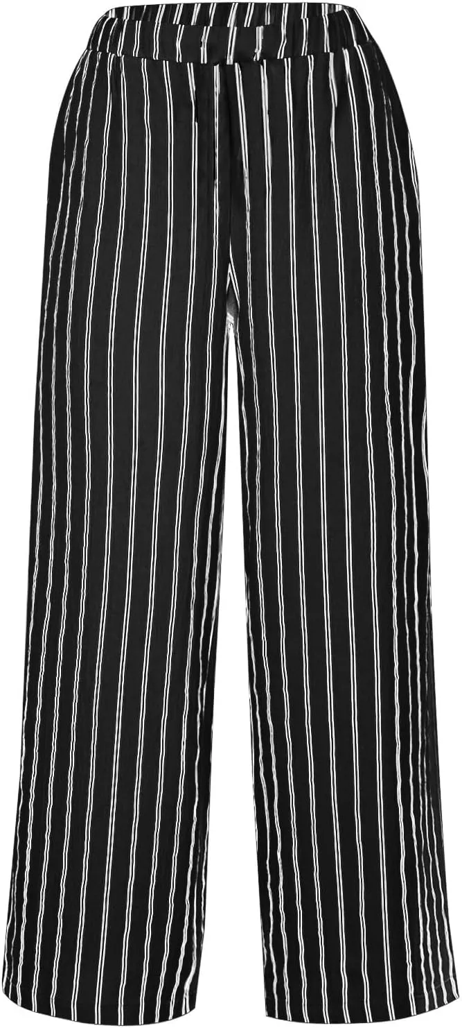 Linen Pants Women Summer Casual Loose Travel Wide Leg Flowy Pants Boho Elastic Waist Linen Beach Pants Trousers