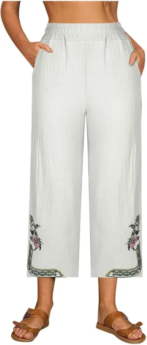 Linen Pants Women Summer Fashion Casual Loose Solid High Waisted Pant Elastic Cropped Embroidery Trousers