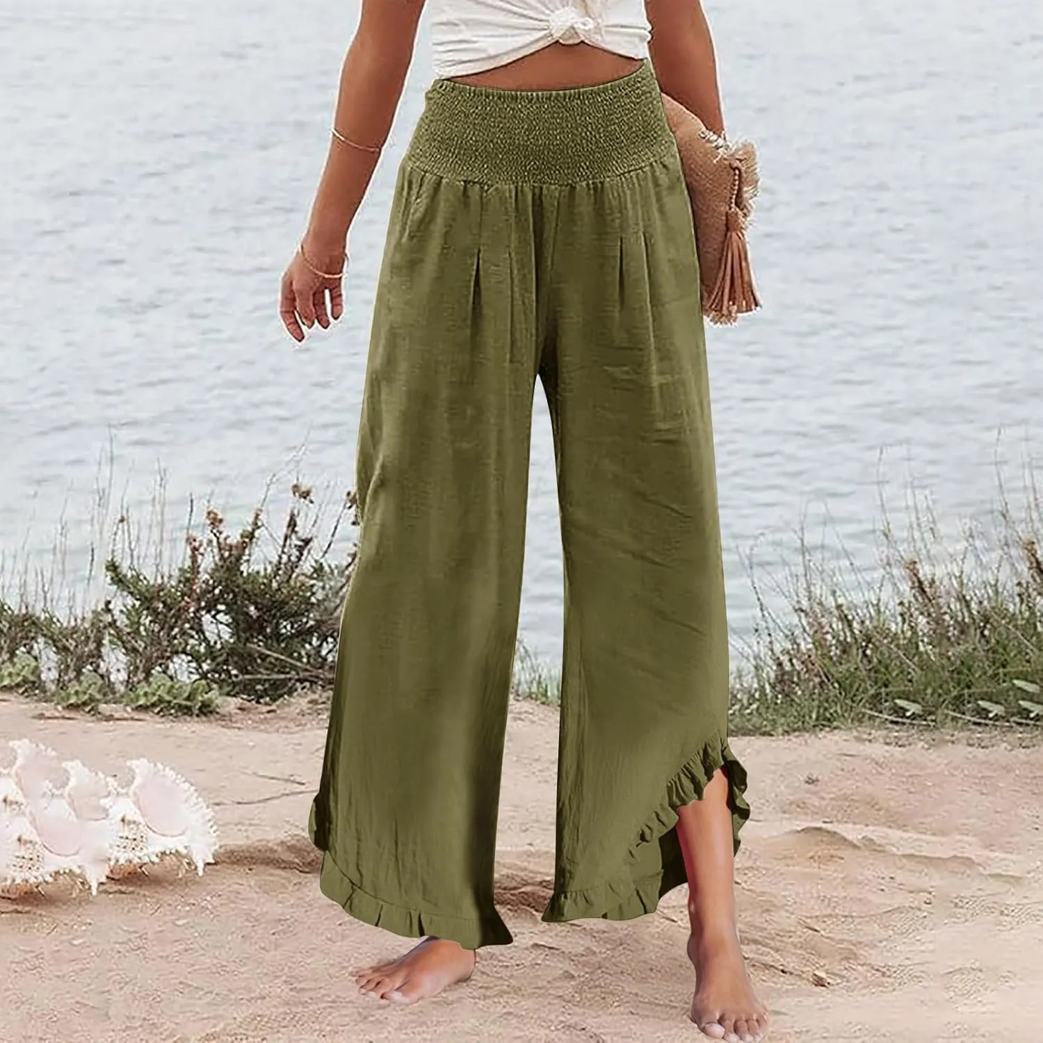 Linen Pants Women Summer Smocked High Waisted Wide Leg Palazzo Pants Casual Ruffle Flowy Beach Pants with Pockets