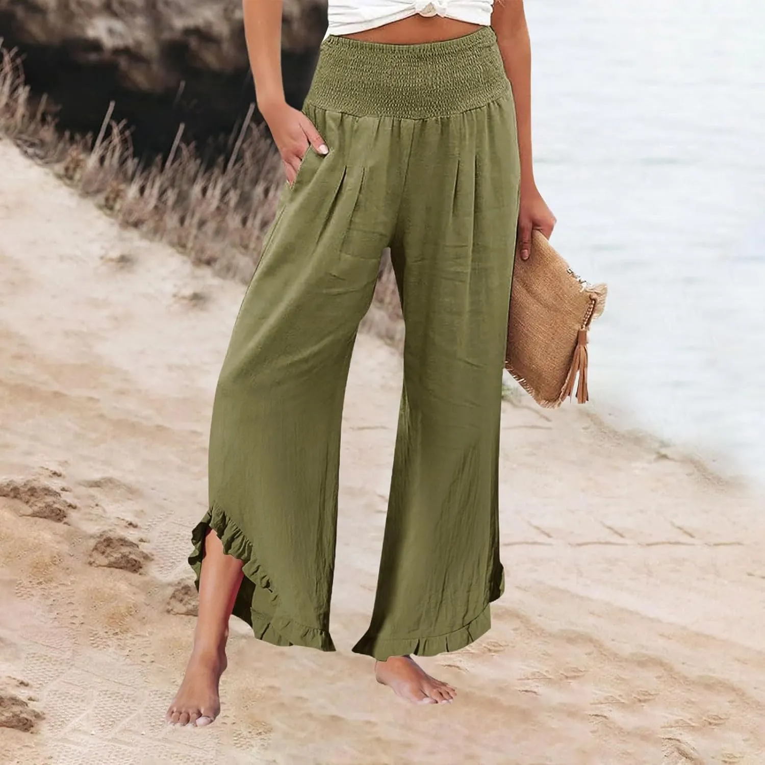 Linen Pants Women Summer Smocked High Waisted Wide Leg Palazzo Pants Casual Ruffle Flowy Beach Pants with Pockets
