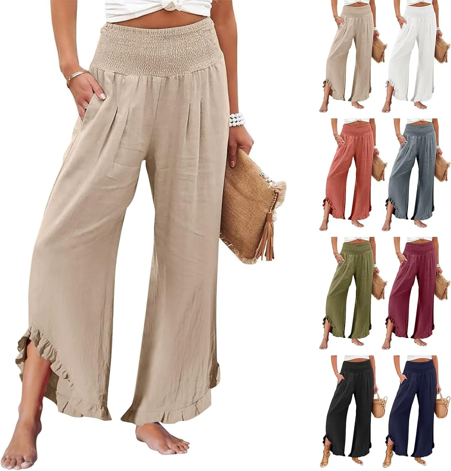 Linen Pants Women Summer Smocked High Waisted Wide Leg Palazzo Pants Casual Ruffle Flowy Beach Pants with Pockets