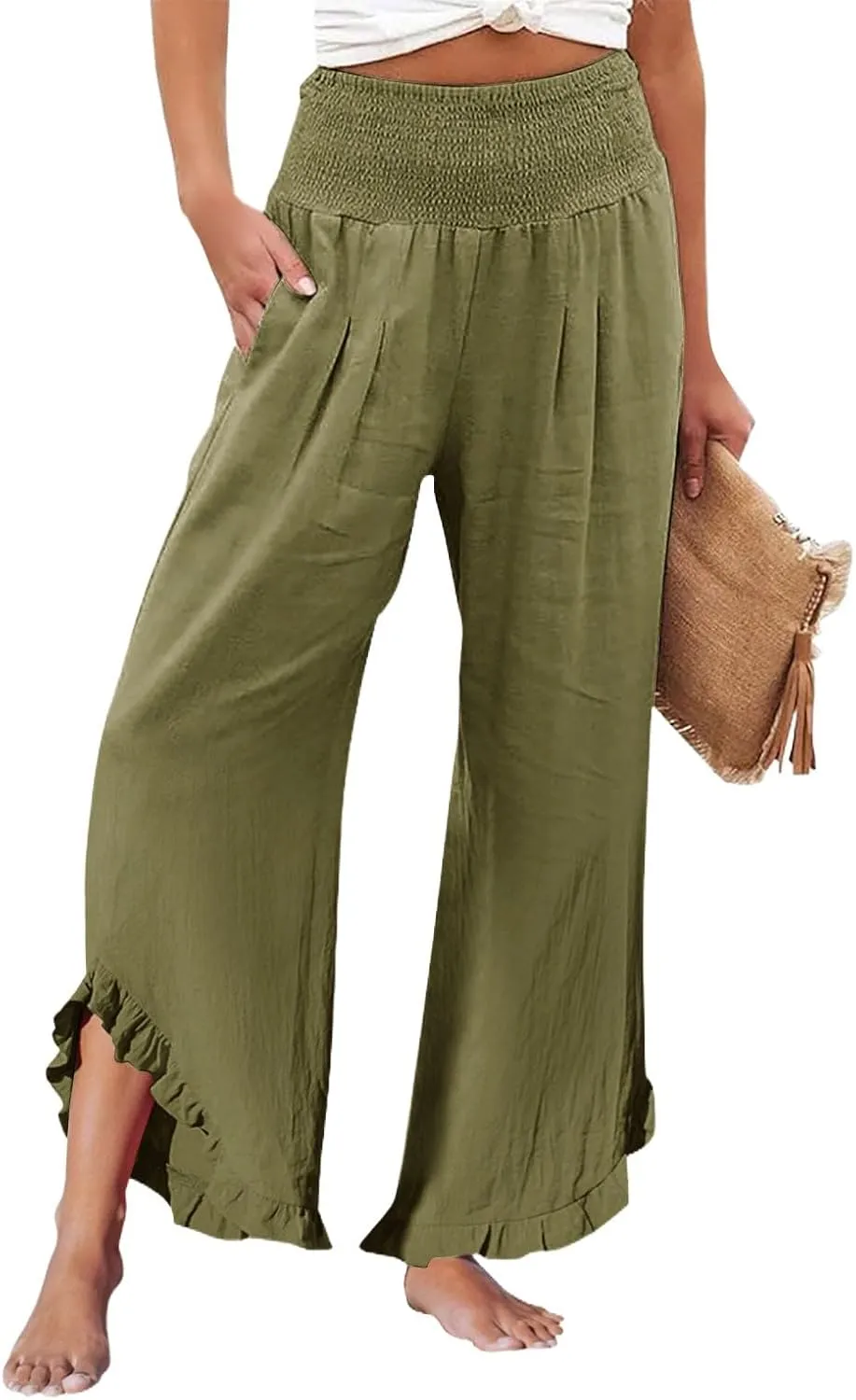 Linen Pants Women Summer Smocked High Waisted Wide Leg Palazzo Pants Casual Ruffle Flowy Beach Pants with Pockets
