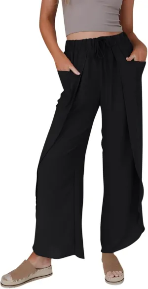 Linen Pants Women Wide Leg Summer Linen Pants Leg Drawstring Elastic High Waist Pant Linen Blend Pants Linen Outfit