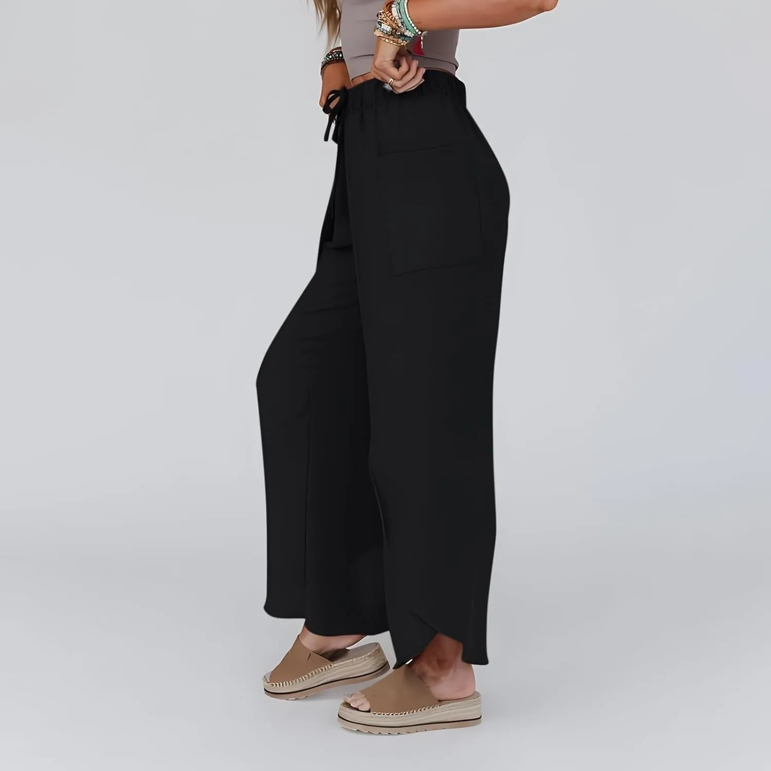 Linen Pants Women Wide Leg Summer Linen Pants Leg Drawstring Elastic High Waist Pant Linen Blend Pants Linen Outfit