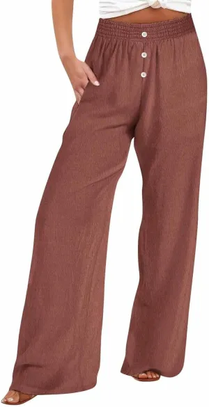Linen Pants Women, Yoga Beach Wide Leg Palazzo Pants Tall High Waisted Pull On Stretch Waist Lounge Trousers Slacks