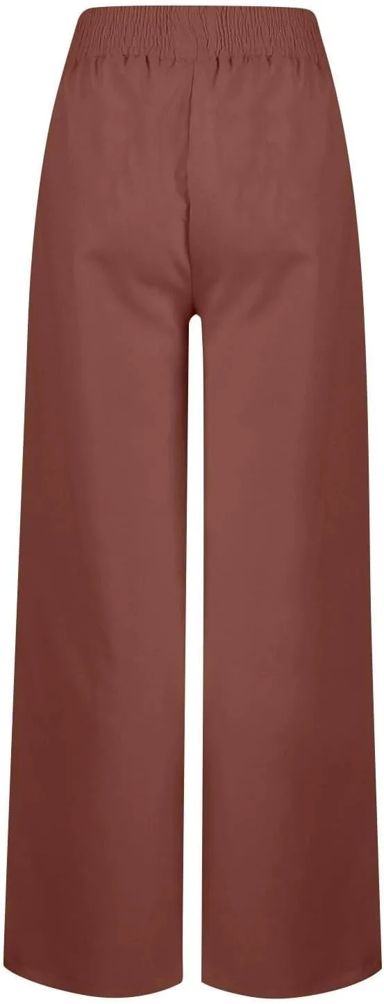 Linen Pants Women, Yoga Beach Wide Leg Palazzo Pants Tall High Waisted Pull On Stretch Waist Lounge Trousers Slacks