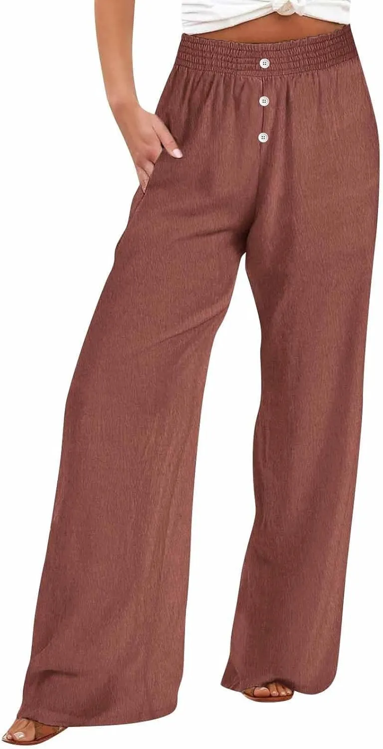 Linen Pants Women, Yoga Beach Wide Leg Palazzo Pants Tall High Waisted Pull On Stretch Waist Lounge Trousers Slacks