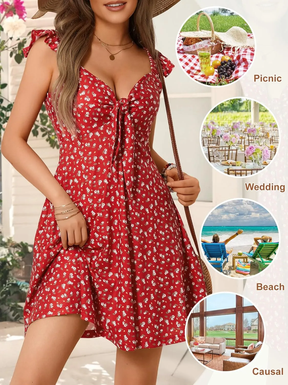 Loemes Women's Summer Casual Floral V Neck Sundresses with Pockets Cute Bow Tie Beach High Waist A-Line Mini Dress