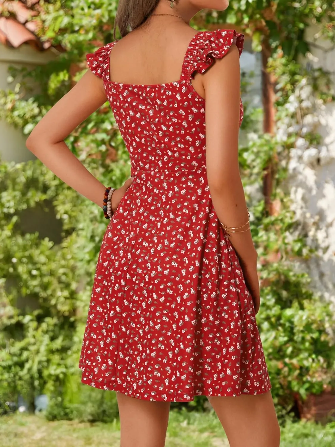 Loemes Women's Summer Casual Floral V Neck Sundresses with Pockets Cute Bow Tie Beach High Waist A-Line Mini Dress