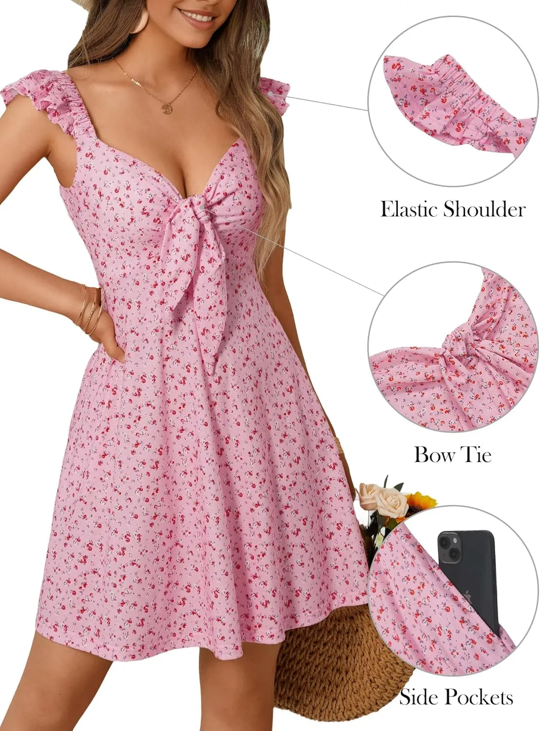 Loemes Women's Summer Casual Floral V Neck Sundresses with Pockets Cute Bow Tie Beach High Waist A-Line Mini Dress